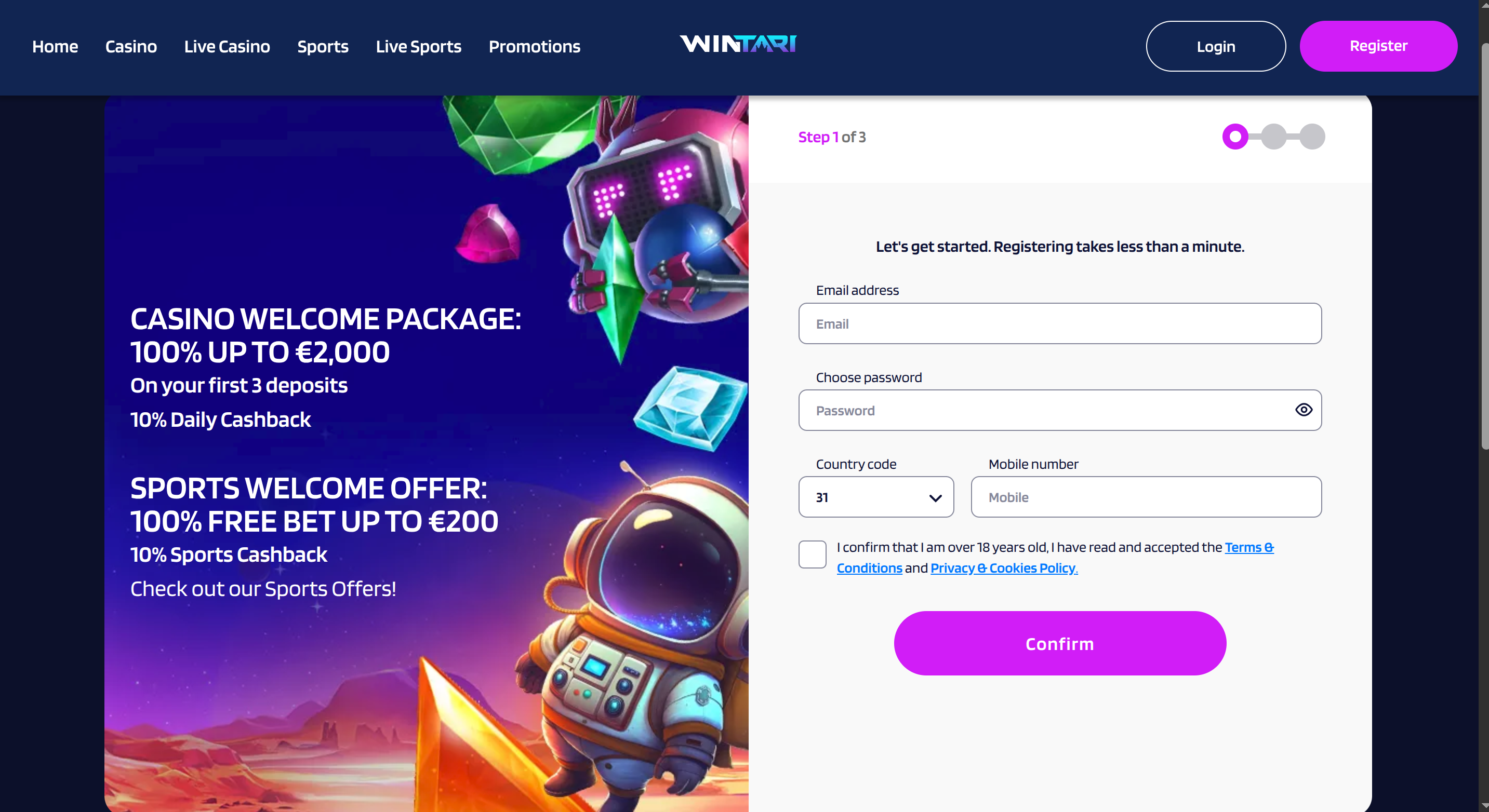 Aanmelden bij Wintari Casino